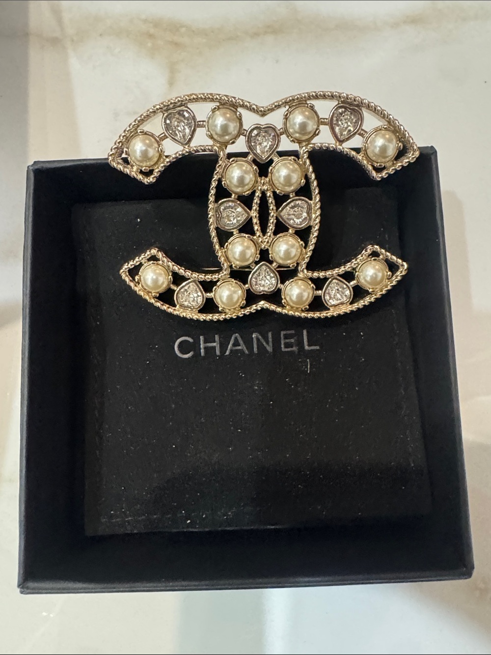 CHANEL Gold-Tone Pearl & Crystal Double C Brooch